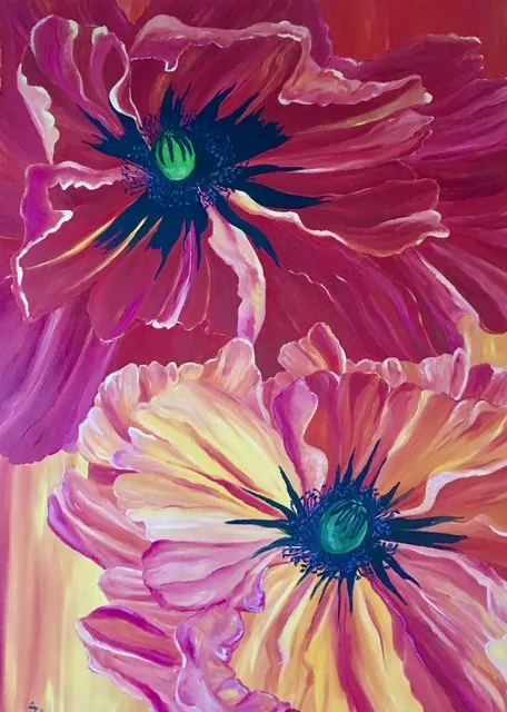 Painting of two pink poppies by Amy D'Orazi