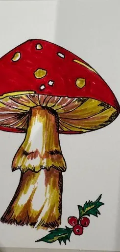 Ink and marker drawing of a red toadstool with holly by Amy D'Orazi