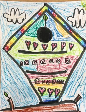 Child&rsquo;s drawing of a birdhouse on a branch