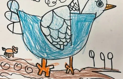 Child&rsquo;s drawing of a blue bird on a branch