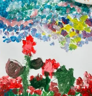 Child&rsquo;s painting of a flower garden under a dabbed sky