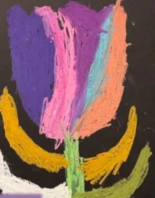 Child&rsquo;s oil pastel tulip on black paper